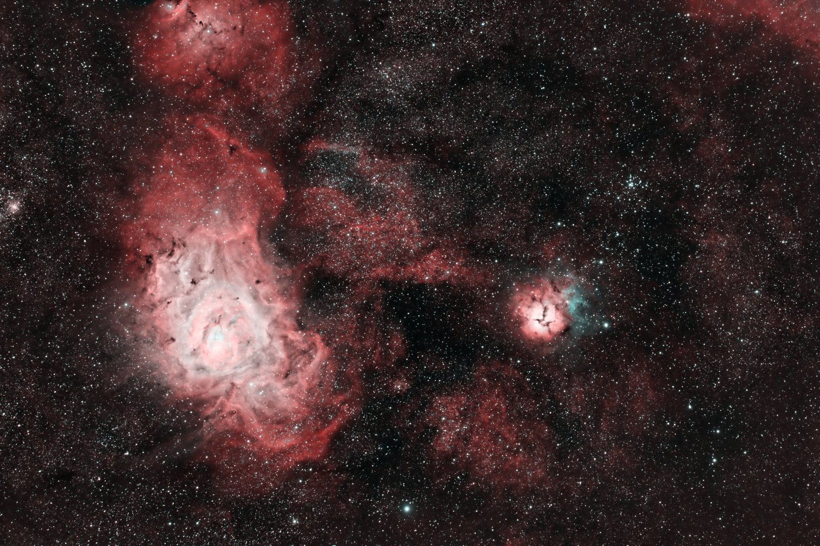 Lagoon and Trifid nebulae (M8, M20), processed by PixAstro